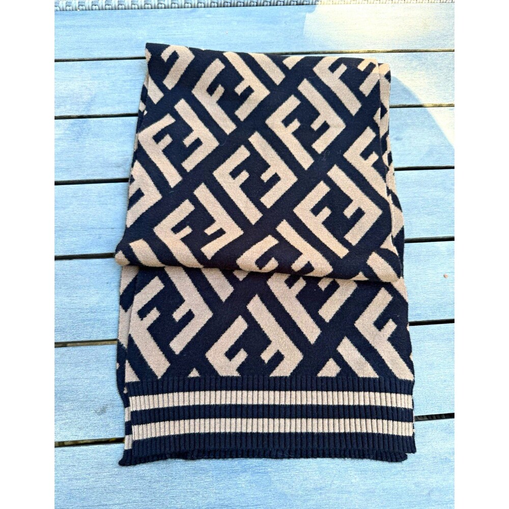 Fendi FF Zucca Monogram Scarf Black Beige Knit Designer Logo Winter Scarf